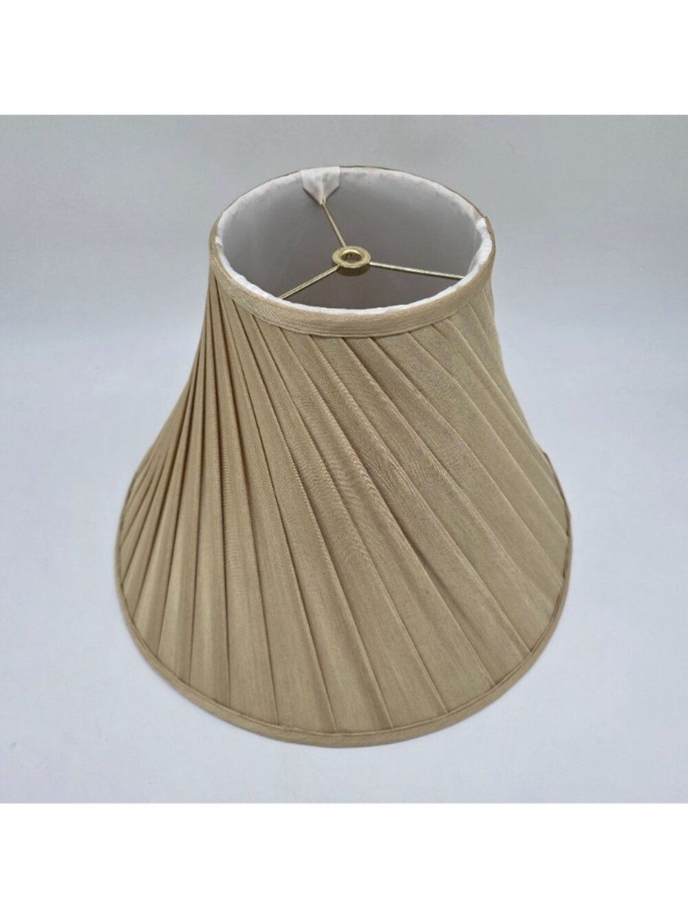 Beige Pleated Fabric Bell Lamp Shade With Gold Hardware 10" High 15" Wide - Picture 2 of 8